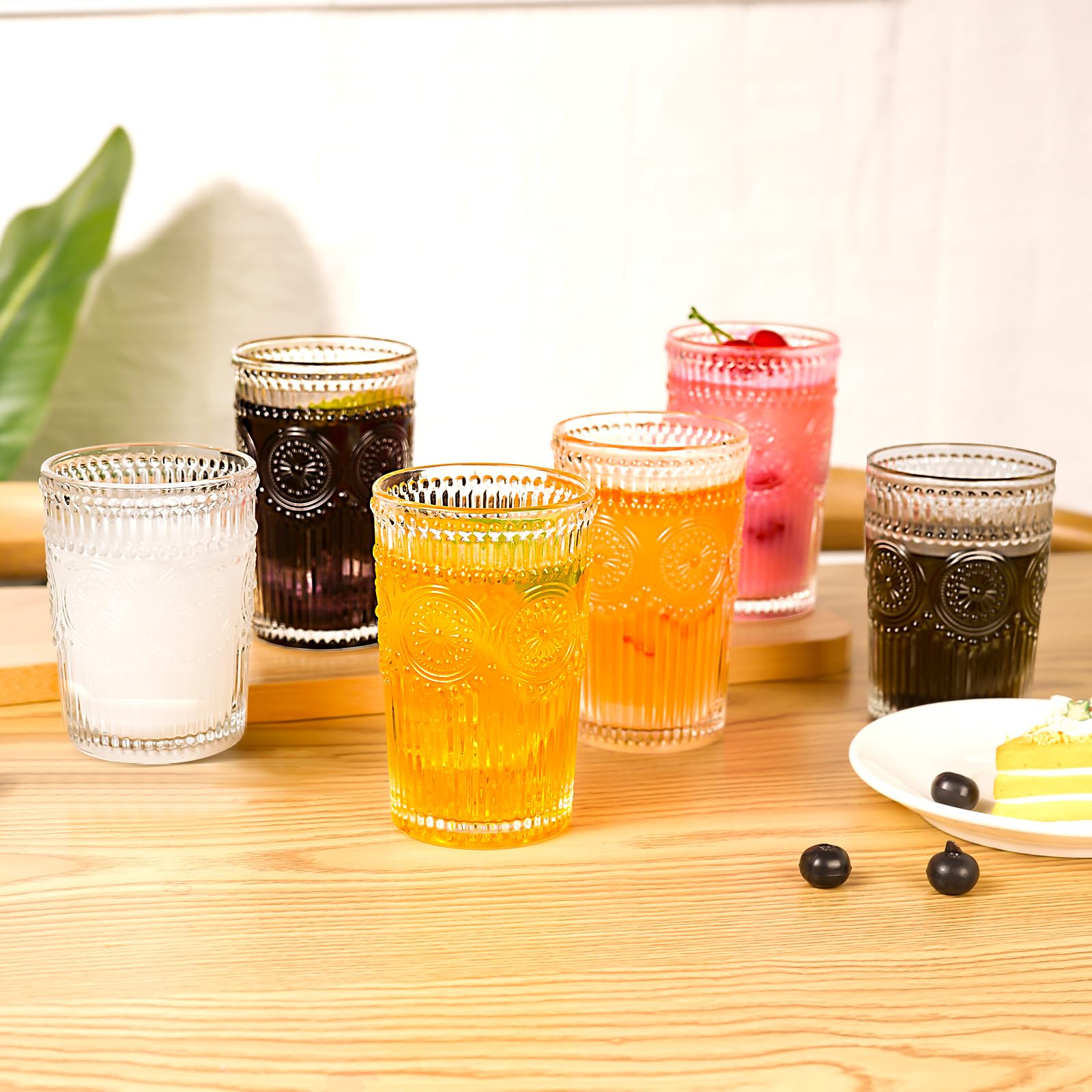 Lot de 12 verres vintage texturés en relief – 6 verres Highball de 355 ml et 6 verres à pierres de 295 ml – Tasses à cocktail romantiques pour eau glacée, jus, thé, boisson, café – Transparent