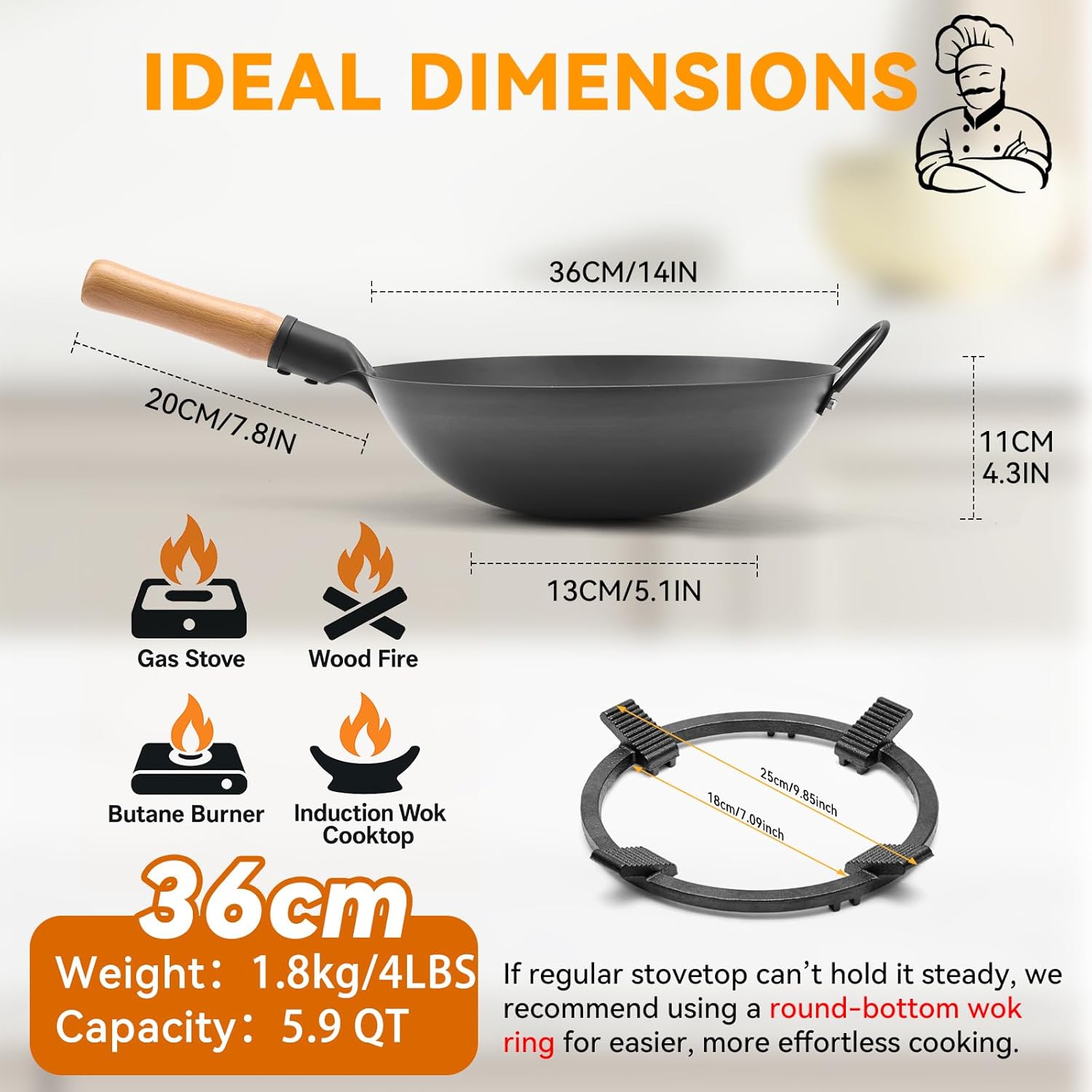 WANGYUANJI 14.2 Inch Round-Bottom Iron Wok and Cast Iron Wok Ring for Gas Stove, 8.3" Non-Slip Wok Support Rack