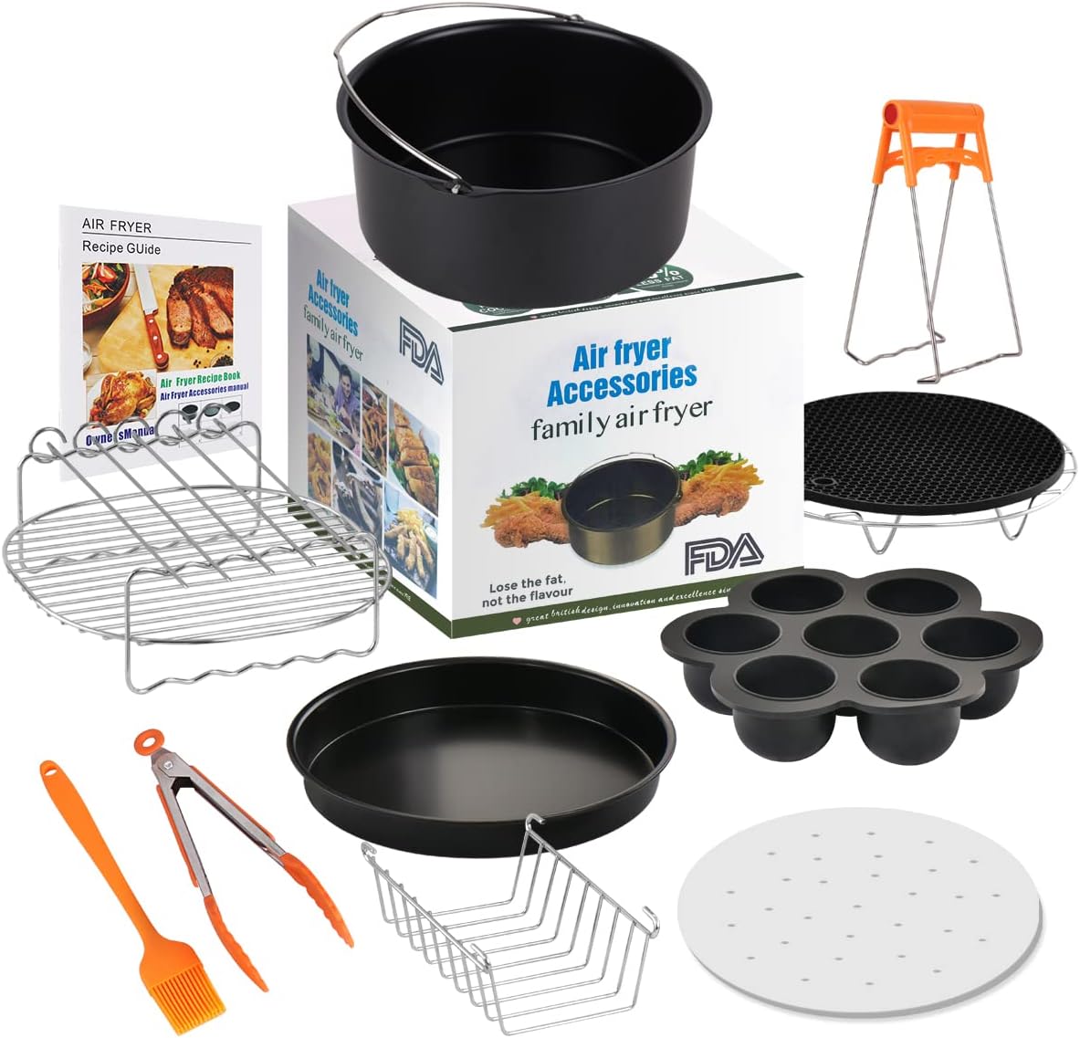 Air Fryer Accessories, Genround 8 inch 13Pcs incl Cake Tin, Pizza Tray, BBQ Rack, Toast Rack, Cook Tong, Recipe Book Baking for Air Fryers More than 3.8QT/3.6L Gowise Phillips Cozyna [Energy Class A+] [Energy Class A+]