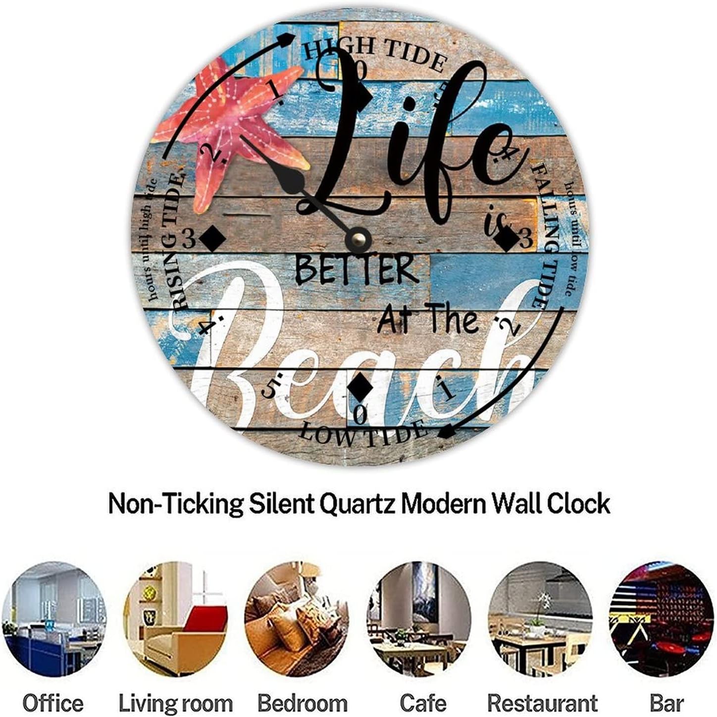 Starfish Life is Better at The Beach Wood Tidal Clock Ocean Time Coastal High Tide Low Tide Clock Rustic Wooden Nautical Tide Movement Vintage Decor for Beach House Kitchen Wall Art 15 Inch
