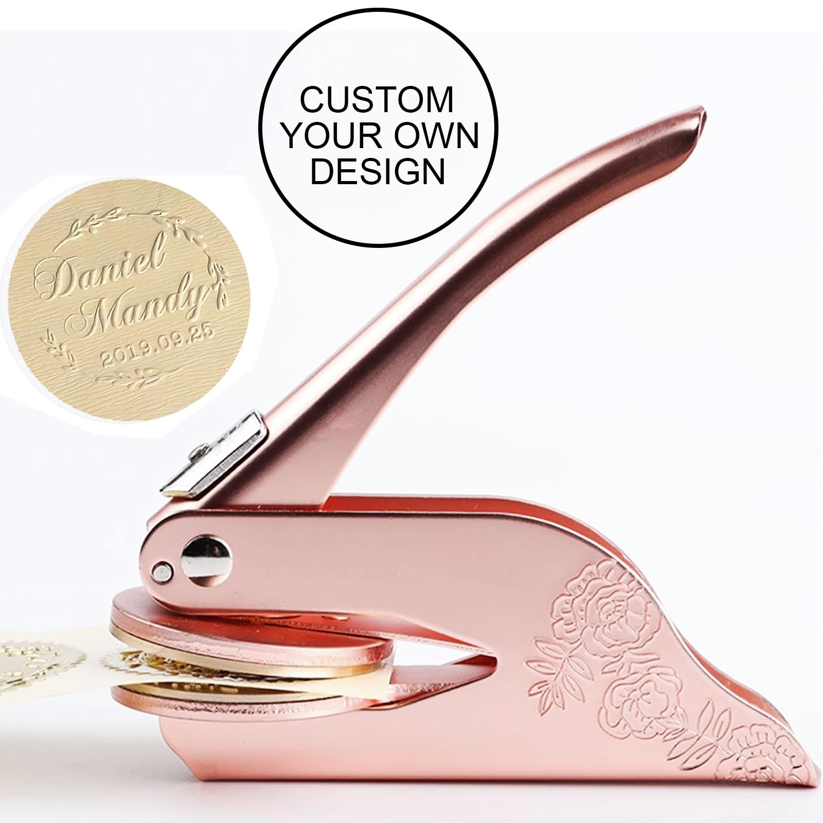 Book Embosser Stamp Custom Logo Embosser Seal Stamp for Books, Cards, Paper, Envelopes, Napkins Wedding Invitations Gift (Rose Gold)