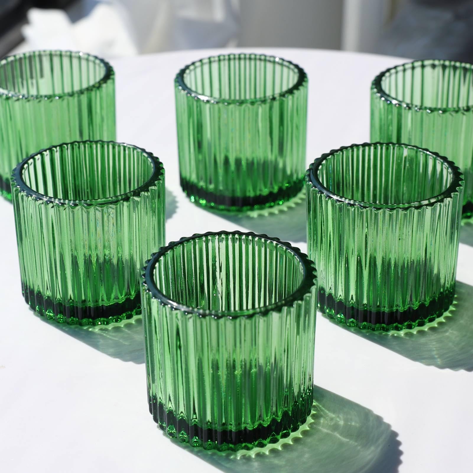 VOHO Christmas Green Votive Candle Holders 12 Pack, Tealight Candle Holder Ribbed Glass for Wedding Decorations, Green Tea Lights Candle Holder Gifts for Women