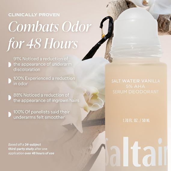 Saltair Serum Deodorant 2 Pack Salt Water Vanilla Scent 5% AHA Aluminum-Free Odor Control for Women & Men Mandelic Acid Deodorant with Lactic Acid 2x 1.7oz Travel Roll On