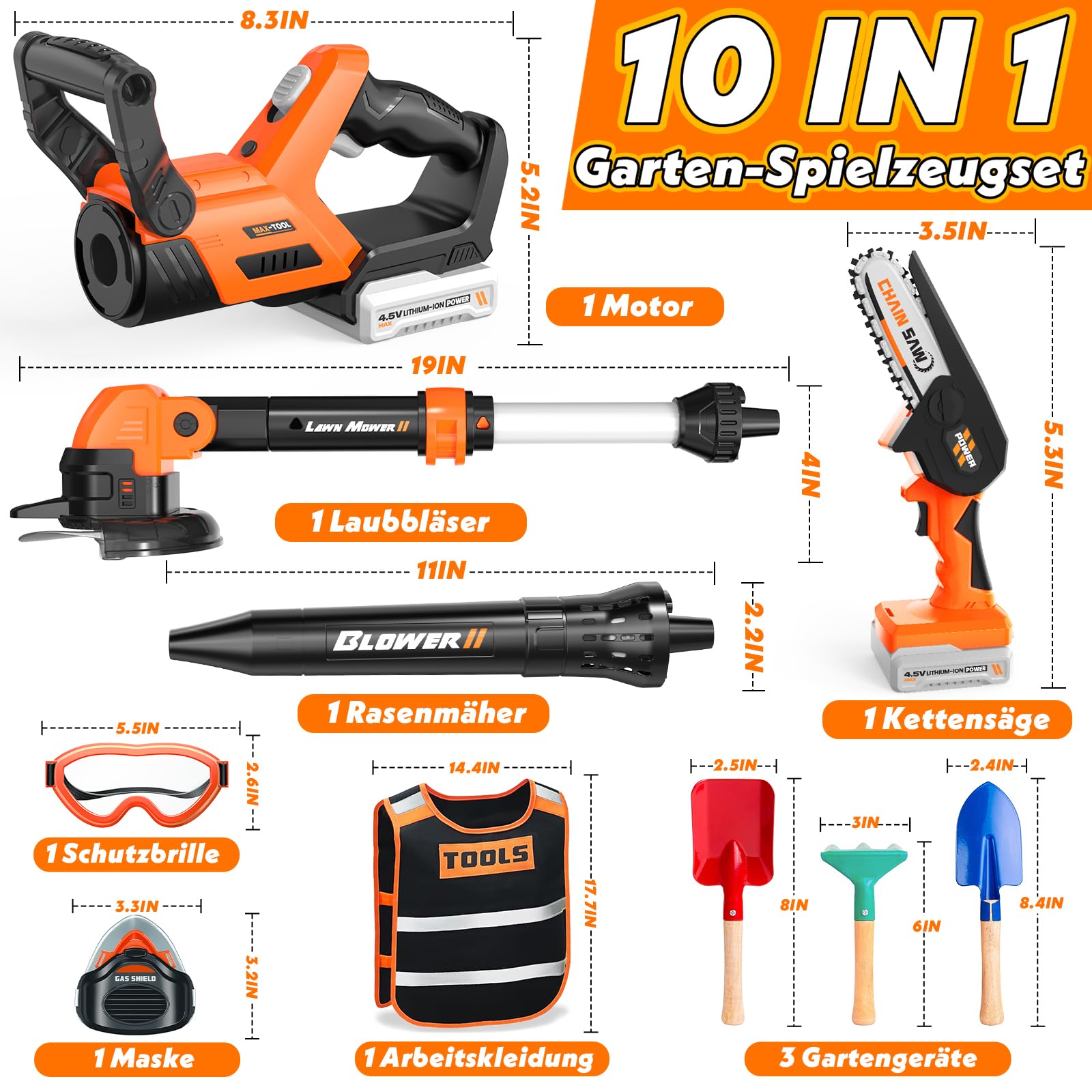 2 in 1 Werkzeug Kinder Spielzeug ab 3 Jahre, motorsäge Kinder, Kinder Rasenmäher & Laubbläser mit Geräusch, Gartenspielzeug Kinder Outdoor Spiele Geschenk 3-9 Jahre Junge