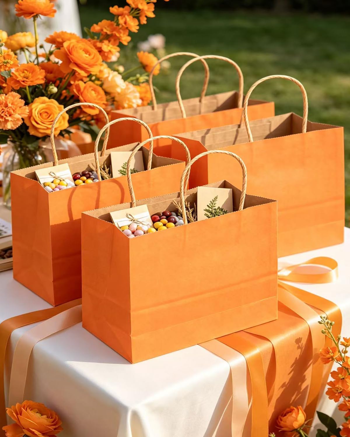 qiqee 100PCS Large Gift Bag with Handles Bulk 13"x4.5"x10" Gift Bags Kraft Orange Multiple Uses (32x11x25cm,Wide Large)