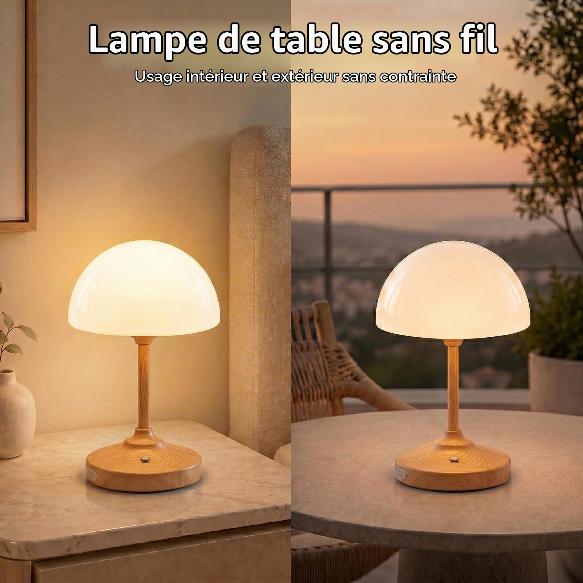 Dawnwake Lampe de table LED en forme de champignon, sans fil, 5000 mAh, tactile, à intensité variable, pour chambre à coucher, extérieur, étanche, petite lampe pour salon, camping, gradation à 3