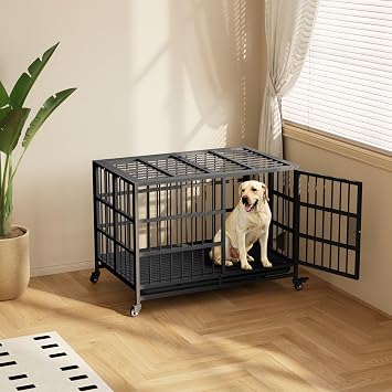 48Inch Heavy Duty Dog Crate, Rust Resistant Folding Metal L Widened Base Dog Kennel, Upgraded Latch, Removable Tray, and Wheels with Brakes, Suitable for Medium to Extra-Large Dog