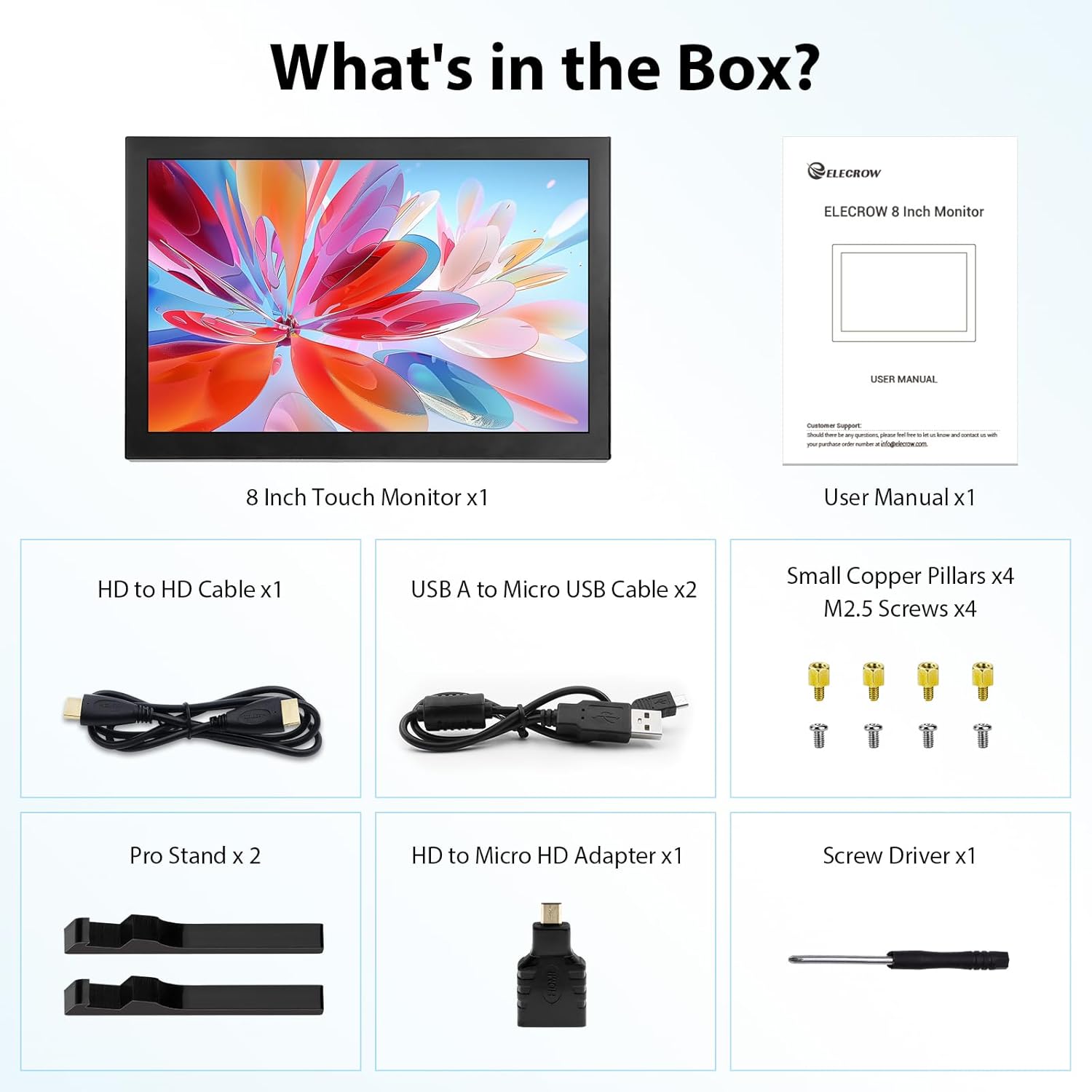 ELECROW 8 Inch Touchscreen Monitor, 1280x800 IPS LCD HD Display with Stand, Portable Capacitive Touch Screen Compatible for Raspberry Pi 3/4/5, Win 11/10/8/7, Jetson Nano, laptops, Game Consoles
