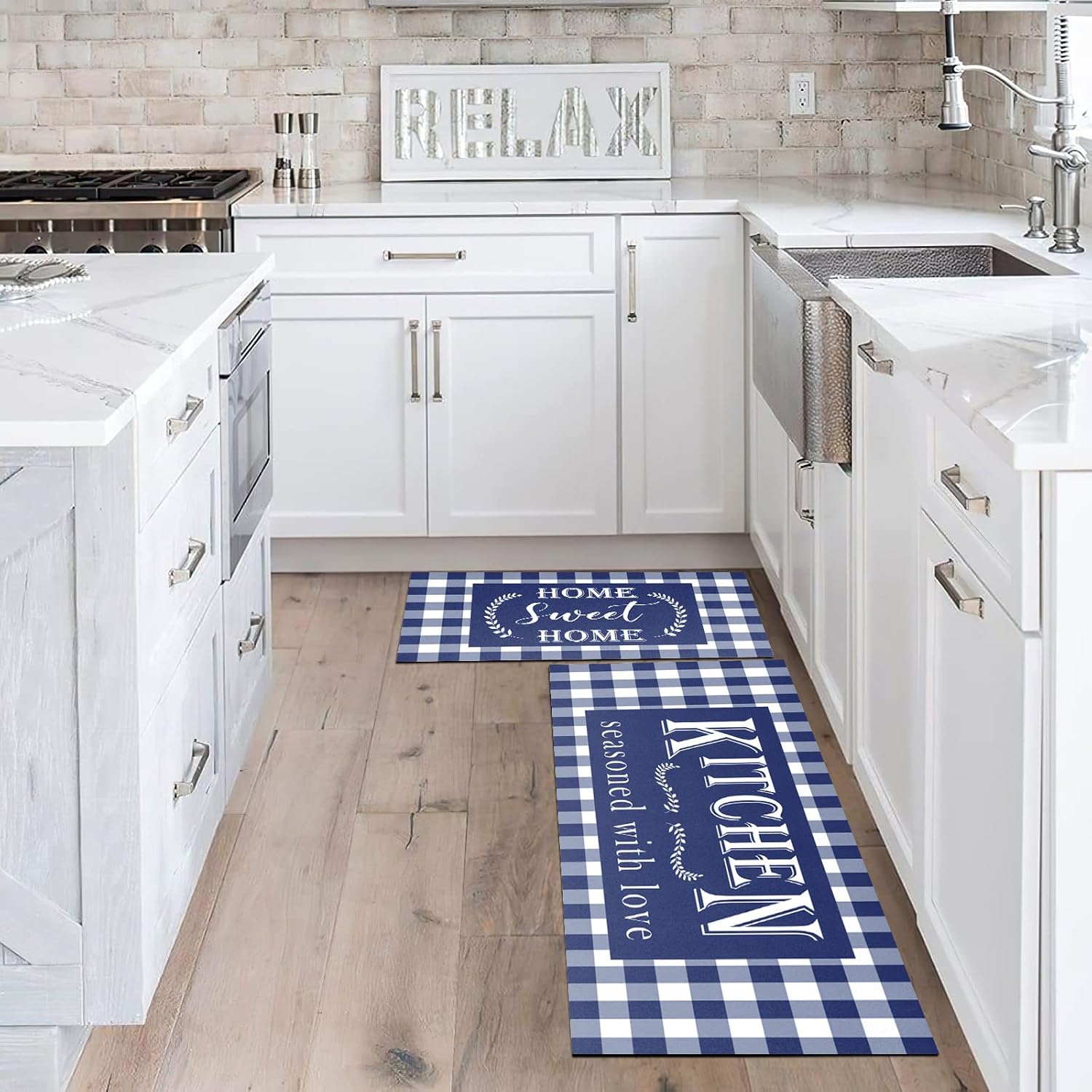 Blue Buffalo Plaid Kitchen Mat Set of 2 Non Slip Thick Kitchen Rugs and Mats for Floor Comfort Standing Mats for Kitchen, Sink, Office, Laundry, 17"x47"+17"x28"