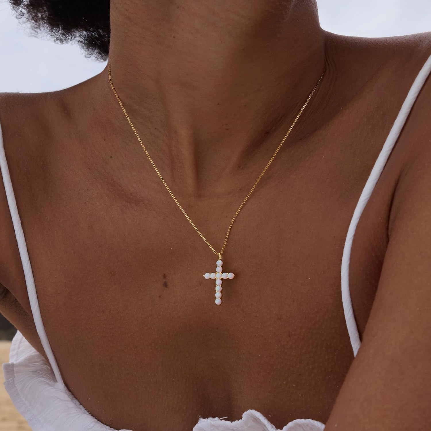 STORYJEWELLERY Cross Necklace for Women, Gold Plated Cross Pendant, White Lab Grown Opal Necklace, Christian Jewelry for Women, Confirmation Baptism and Easter Gifts