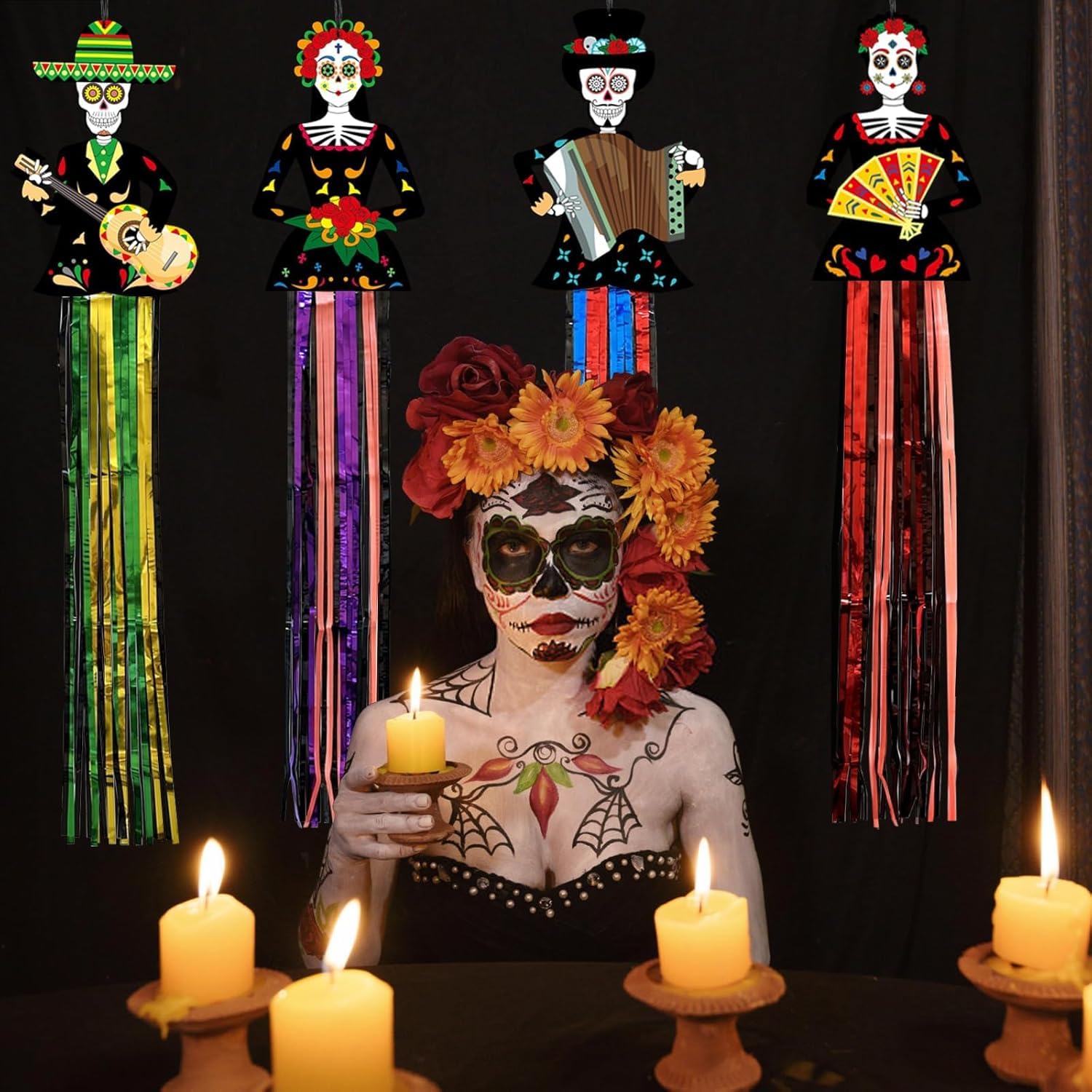 4 Pezzi Decorazioni Appese Teschio di Zucchero – Dia de los Muertos, Halloween, Altar Ofrenda, Feste Messicane, Decorazione da Parete e Giardino con Nappe