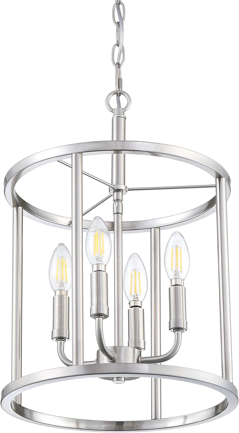 4 Light Hanging Lantern Pendant Light Fixture Geometric Chandelier,Brushed Nickel Finish Adjustable Chain Metal Cage Pendant Lighting for Kitchen Island Dining Room Foyer
