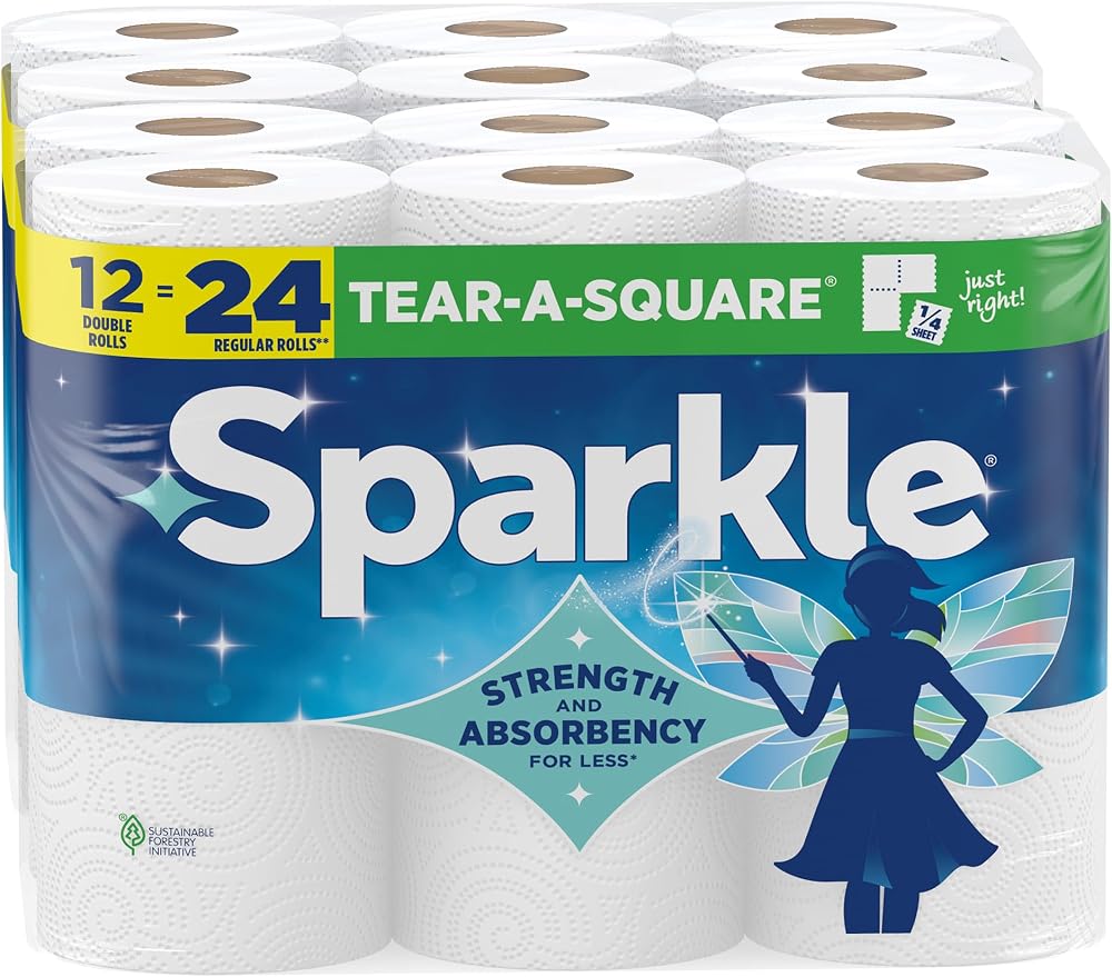 Sparkle Tear-A-Square 페이퍼 타월, 더블 롤 12개 - 주방 청소 및 일상적인 지저분함을 위한 강력한 2겹 타월 — 사진 1