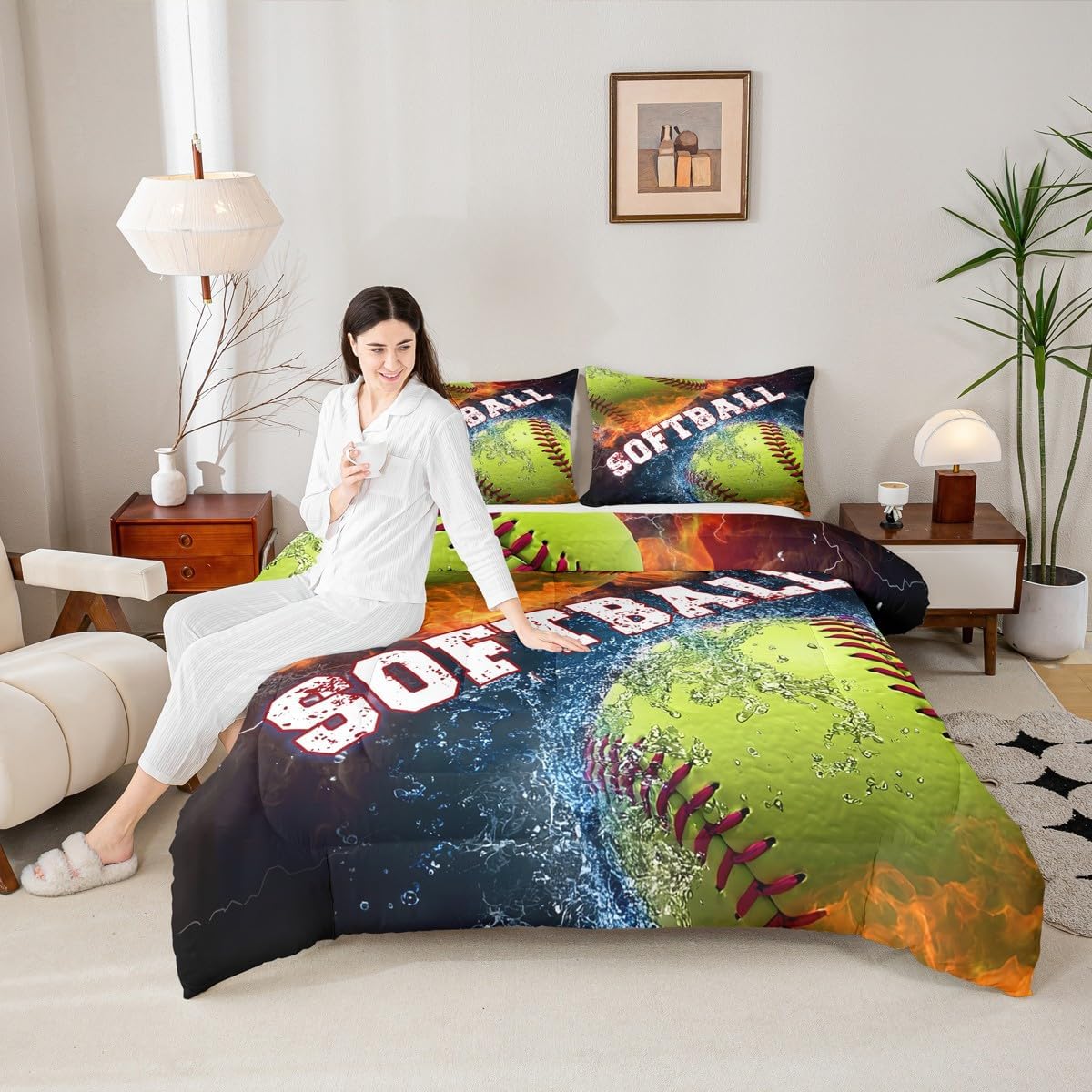 Castle Fairy 3D Softball Comforter for Youth Adults,Ice and Fire Bedding Sets Queen Size,Boys Gamer Quilt/Duvet Insert 3 Pcs,Ball Sports Gaming Comforter Sets Microfiber for All Season