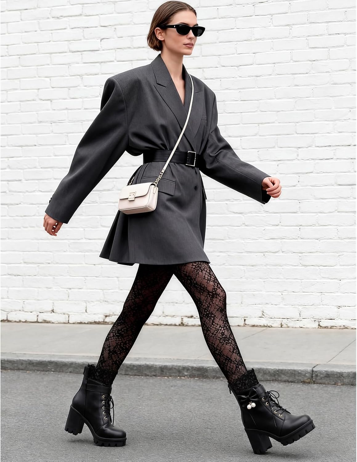 BEAUPAS Women's Gothic Platform Ankle Boots Lace-Up Combat Boot with Bow Pearl Chunky High Heel(Black,7)