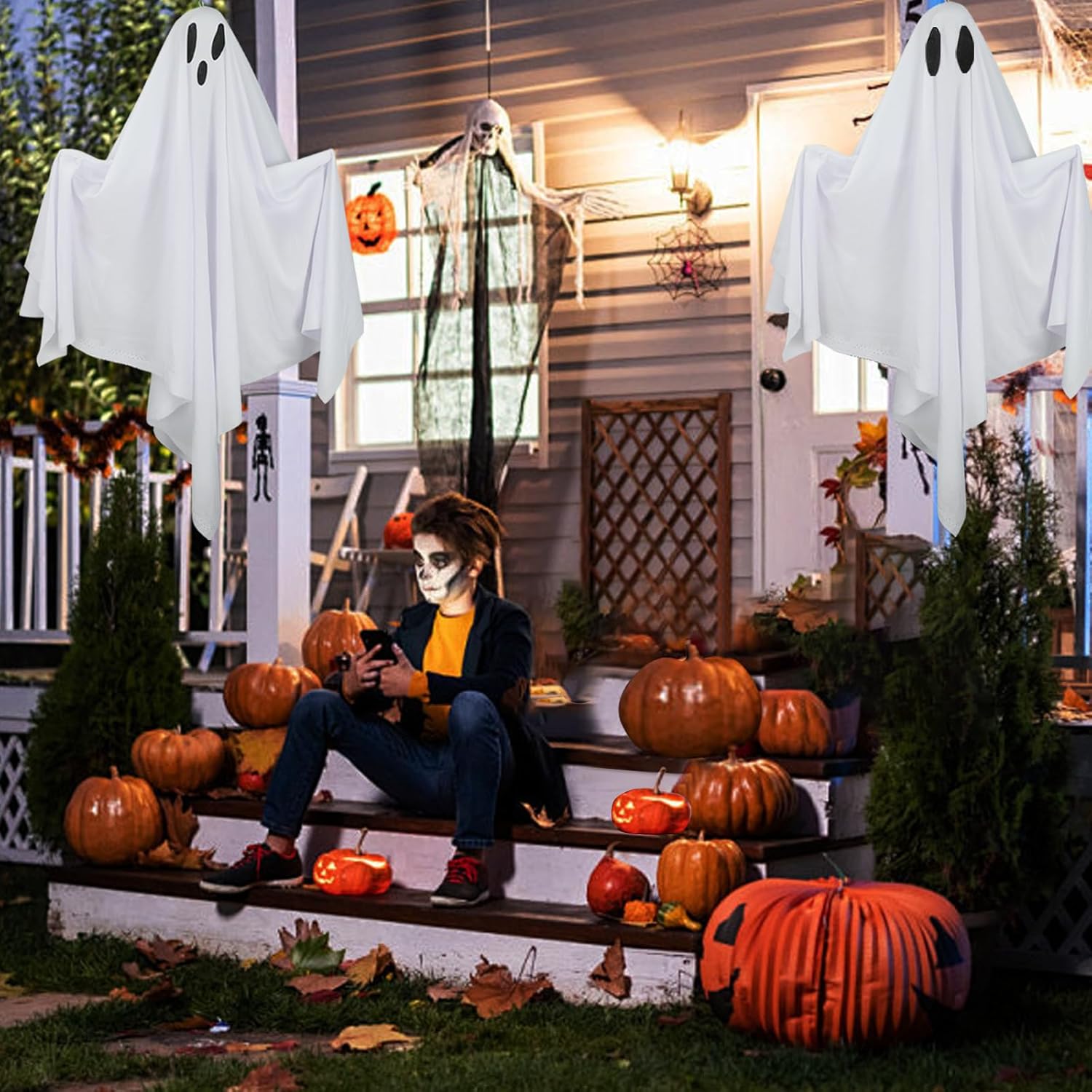 6 Pack Halloween Hanging Ghost Decorations 27.6" Halloween Outdoor Hanging Ghosts White Flying Fabric Ghosts Decorations for Outdoor Front Yard Patio Lawn Garden Trees Party Decor