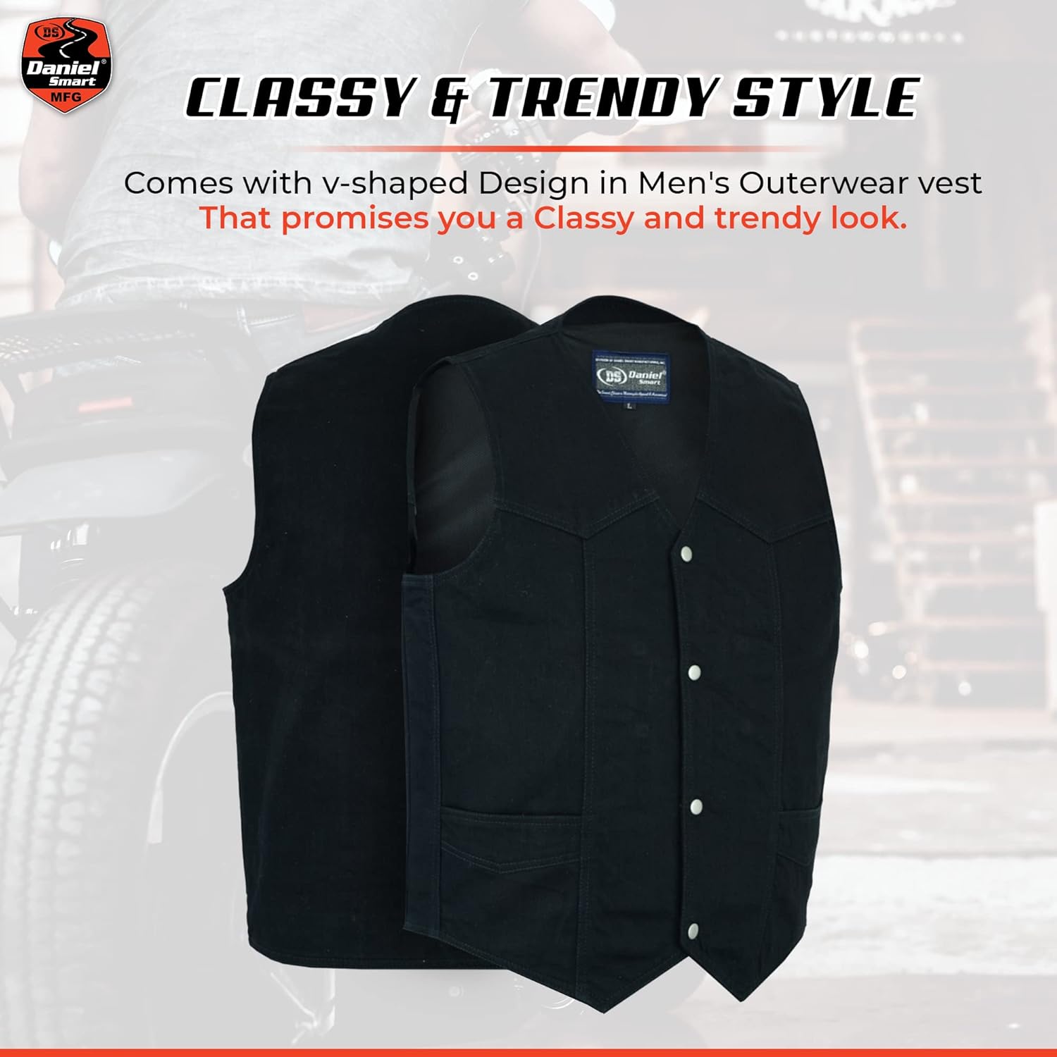 Daniel Smart Biker Vest for Men V-Shaped Neck Design Black Denim Vest with plain Side and Inside Carry Pocket