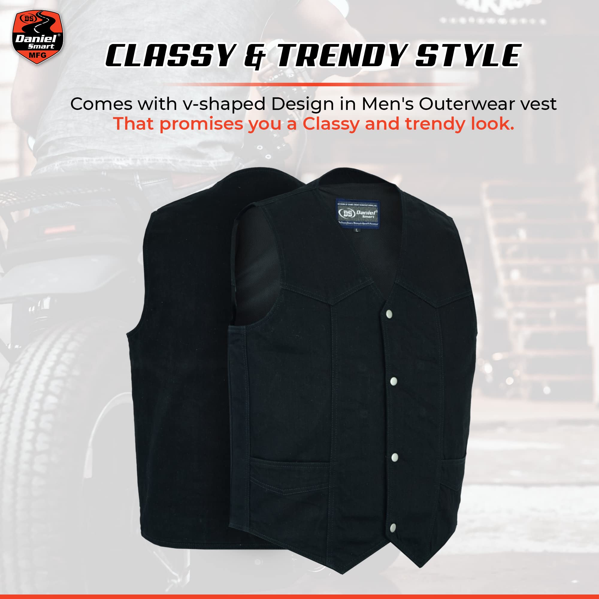 Daniel Smart Biker Vest for Men V-Shaped Neck Design Black Denim Vest with plain Side and Inside Carry — view 3