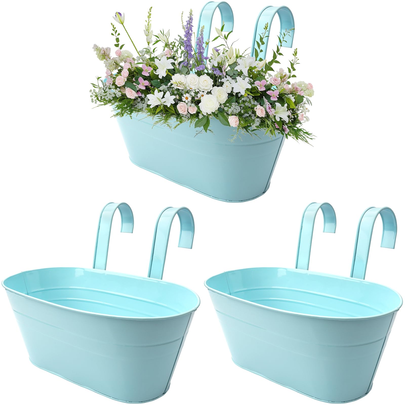 Roellgs 3Pcs Metal Hanging Flower Pots, 28.5cm Large Plant Pots Hanging Flower Bucket with Detachable Hook for Balcony Fence Garden Home Decor (3, sky blue)