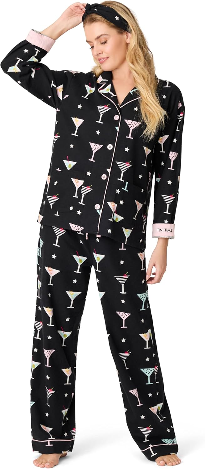 PJ Salvage Women's Cotton Flannel Long-sleeve Top, Pant and Headband 3-piece Pajama Set