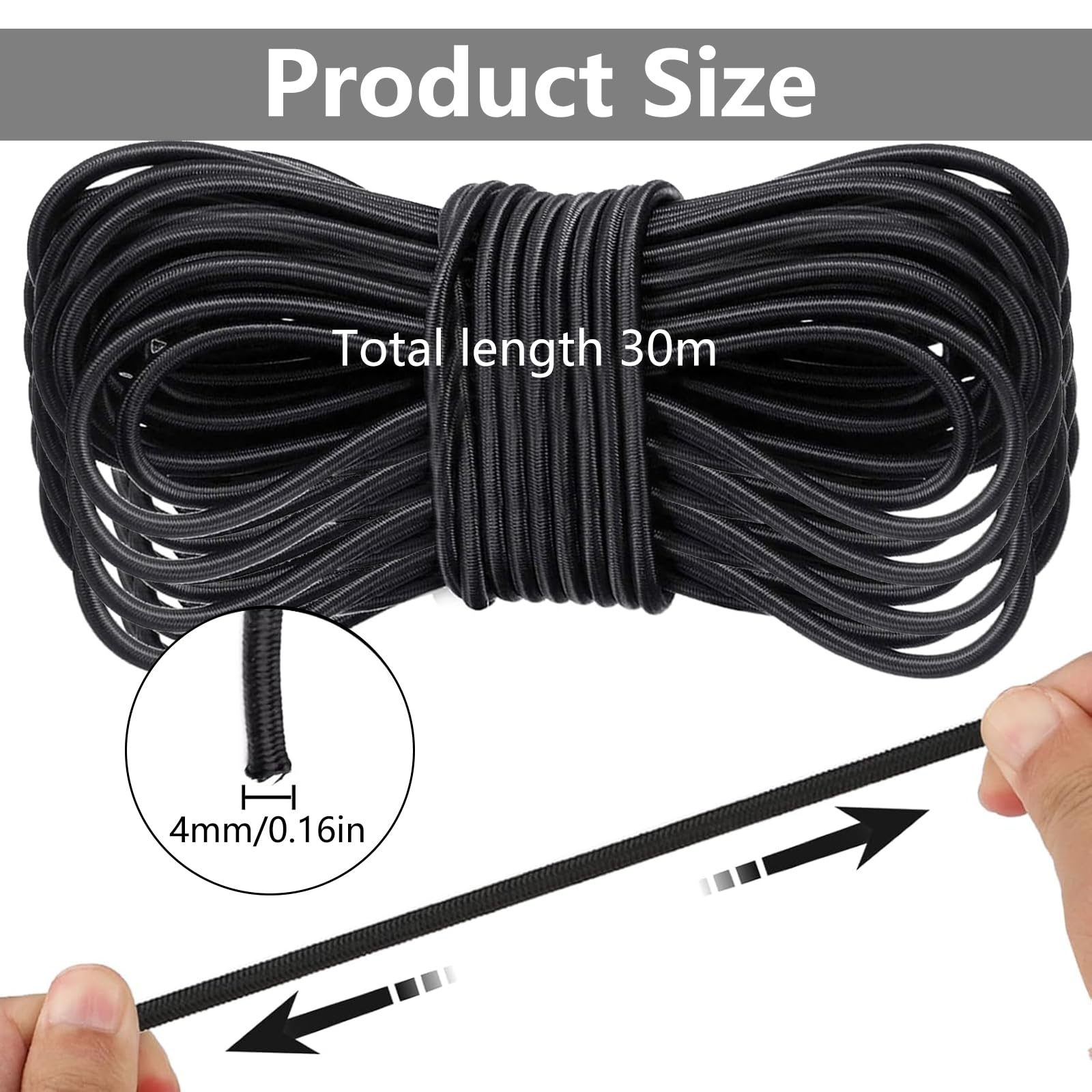 lina gumowa 4 mm x 30 m lina rozszerzająca sznurek gumowy | Ochrona przed promieniowaniem UV, taśma bungee, czarna, okrągła, do przyczepy kempingowej, plandeki, namiotów