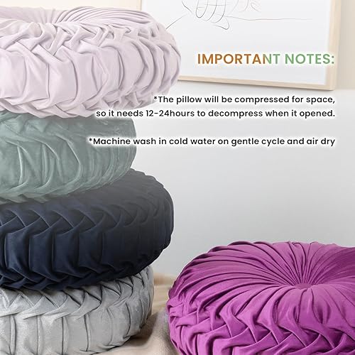 Miniatura 6 de Sioloc Almohada redonda de terciopelo para decoración del hogar, cojín plisado para sofá, silla, cama y automóvil (morado, 15.7 pulgadas)