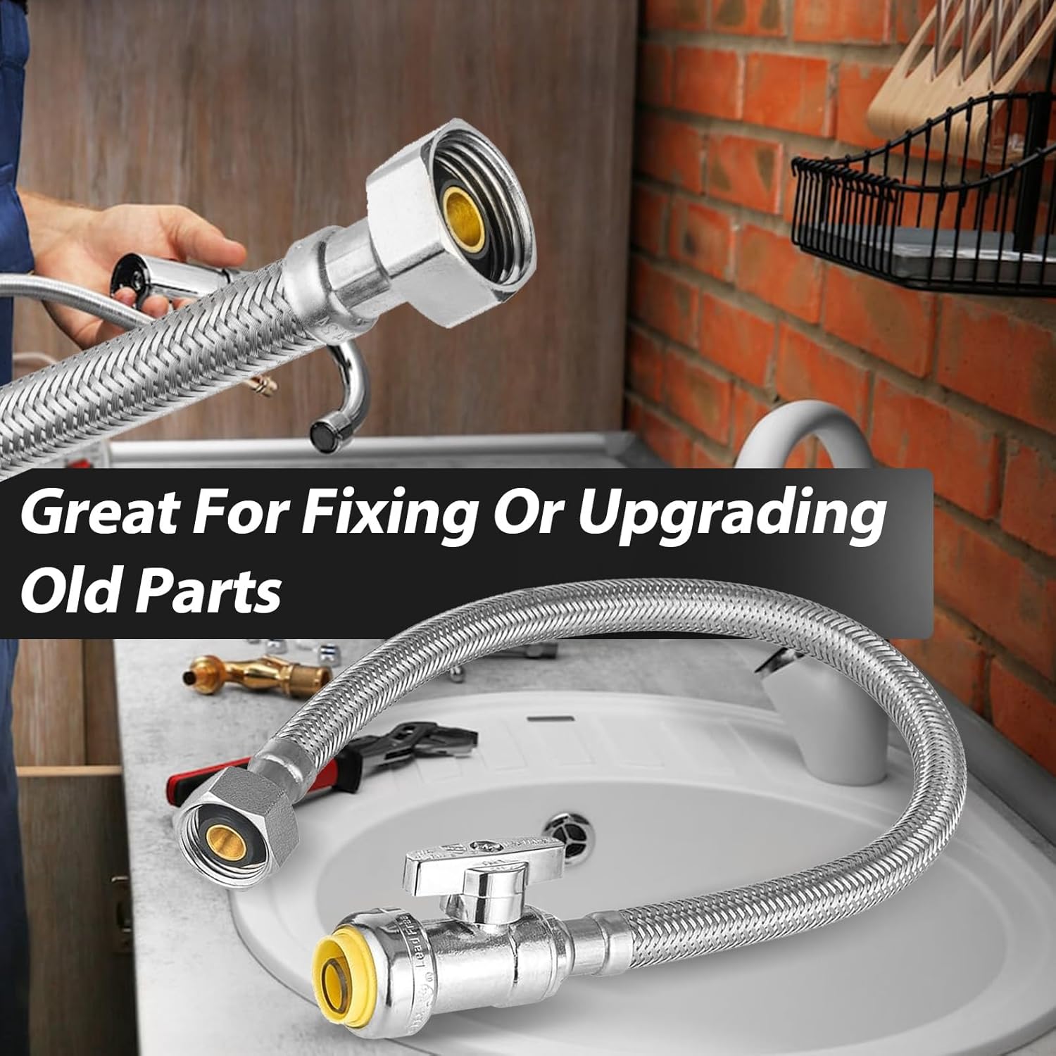 10 Pack Foskan 18”Length Faucet Hose, 1/2"Push Fit x 1/2" FIP Braided Faucet Connector With 1/4-Turn Straight Stop Valve,Connect to PEX, copper, CPVC, and PE-RT and HDPE pipe.（Straight Valve, 18"）
