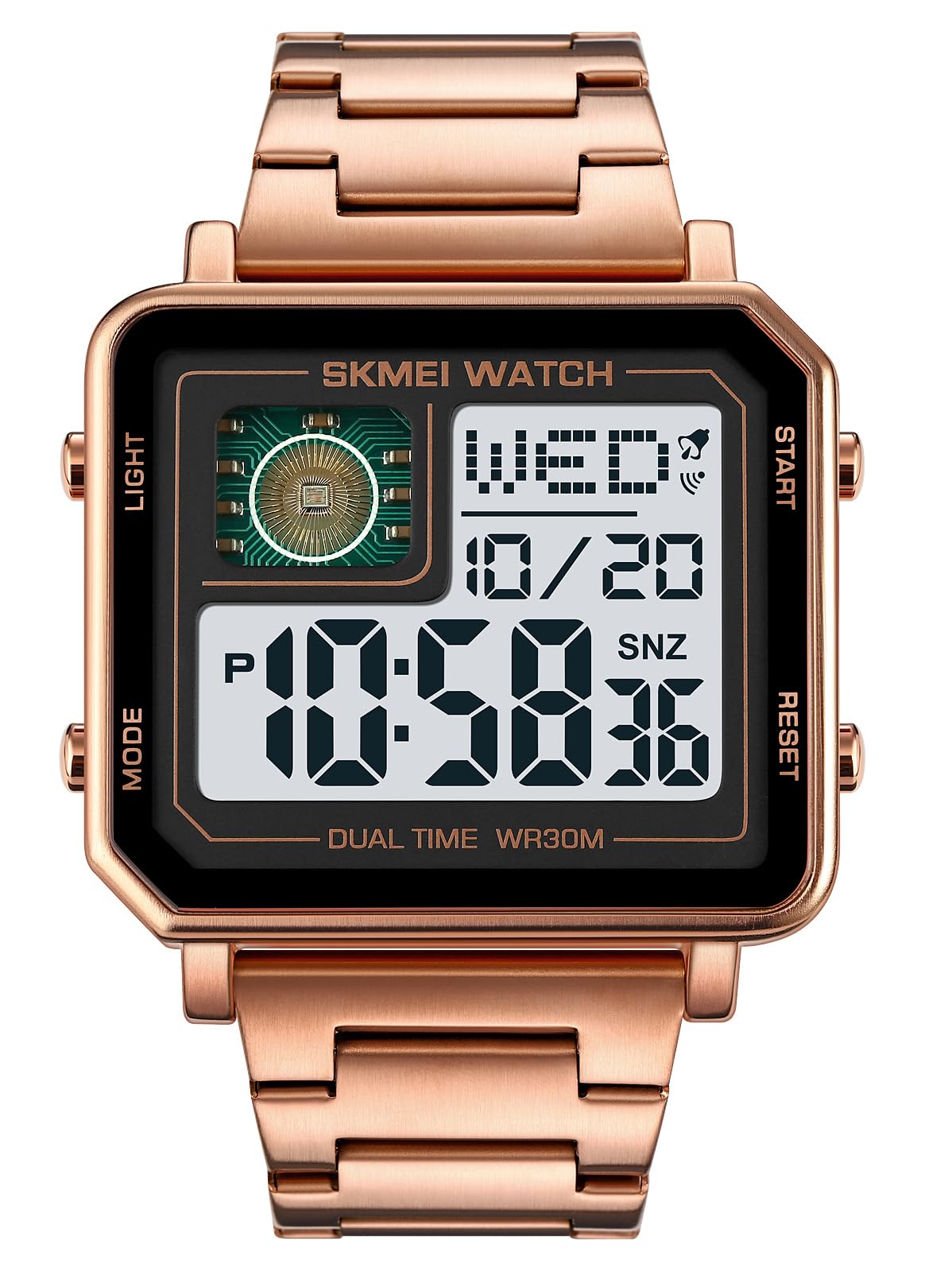 Gosasa Orologio sportivo digitale da uomo, quadrato, con quadrante grande, in acciaio inossidabile, analogico, al quarzo, con cronometro impermeabile, Oro rosato, Digitale