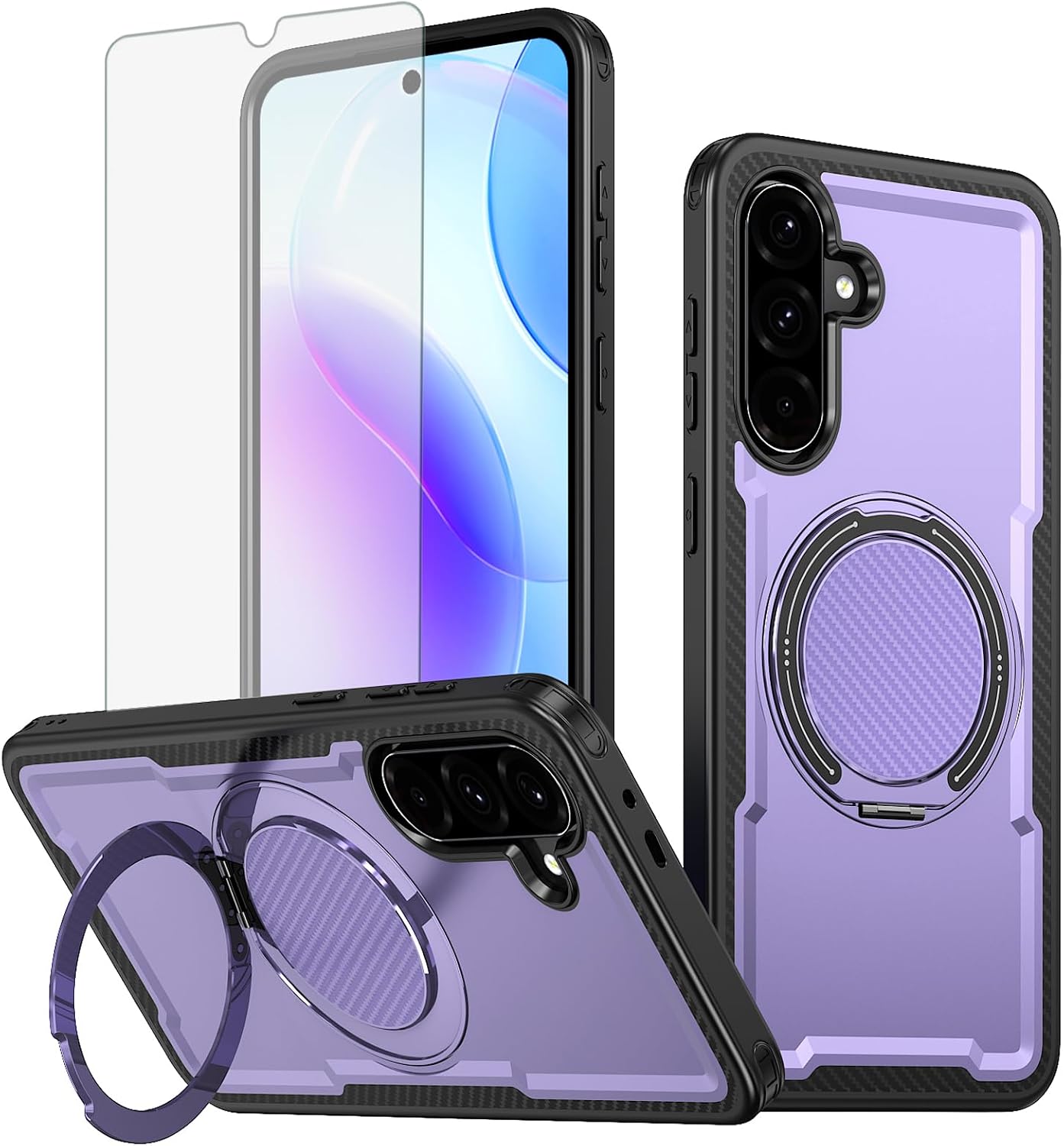 Phone Case for Samsung Galaxy S26 5G with Tempered Glass Screen Protector Slim Magnetic Rugged Stand Ring Holder Hybrid Protective Cell Cover S 26 26S G5 SM-S942U Women Men Purple