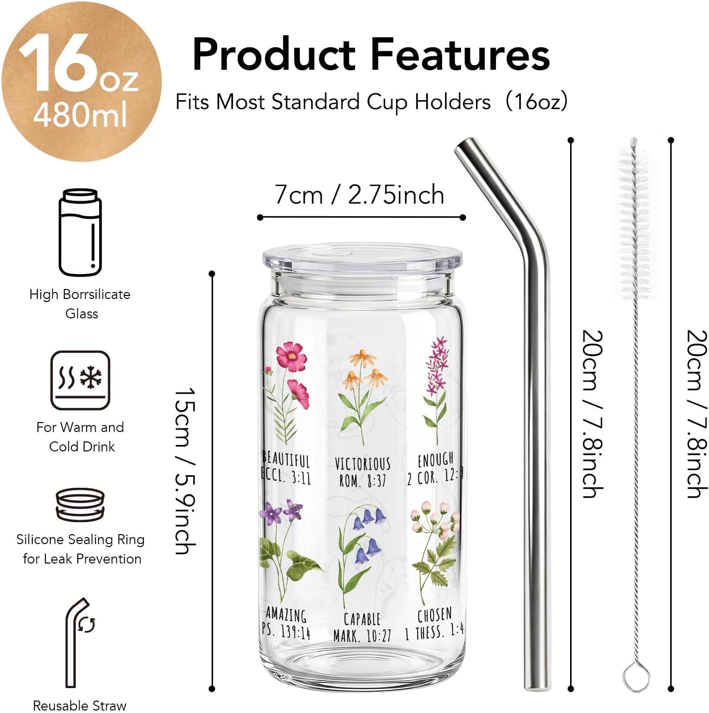 Wildflower Gifts for Christian Women 16 oz Glass Cups with Lids and Straws, Inspirational Scripture Coffee Cup Tumbler for Friends, Mothersday Baptism Birthday Religious Graduation Gifts for Mom Teens