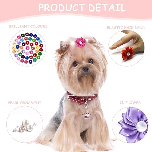 Miniatura 3 de Lazos para perros, 50 lazos para el pelo de perro con bandas de goma a granel para perros pequeños y niñas, mezcla hecha a mano con perlas pequeñas,