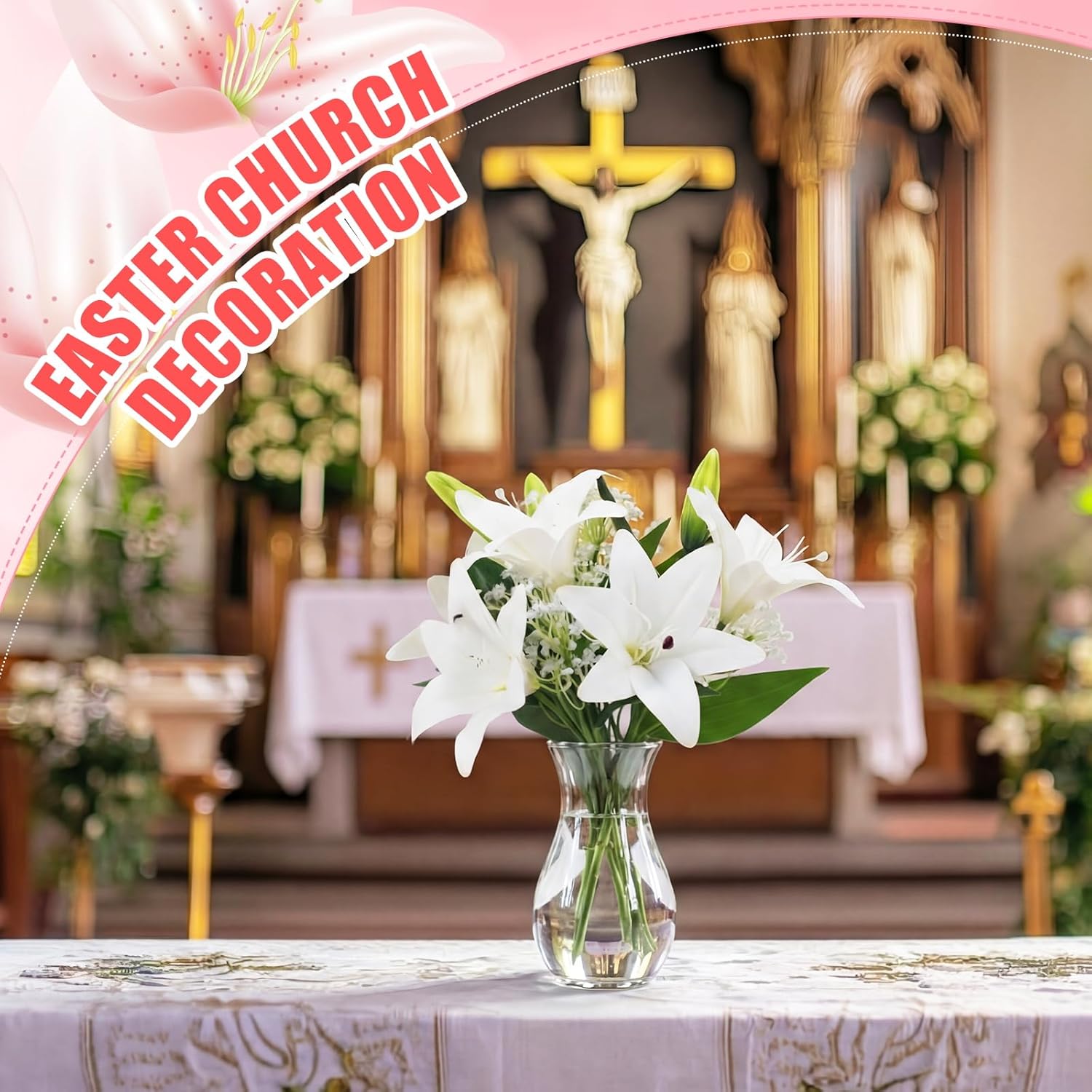 Janinka 12pcs Artificial Lily Flowers 12 Heads White and Pink Faux Tiger Lilies Flowers with Fake Baby Breath Artificial Gypsophila for Spring Home Church Wedding Decoration