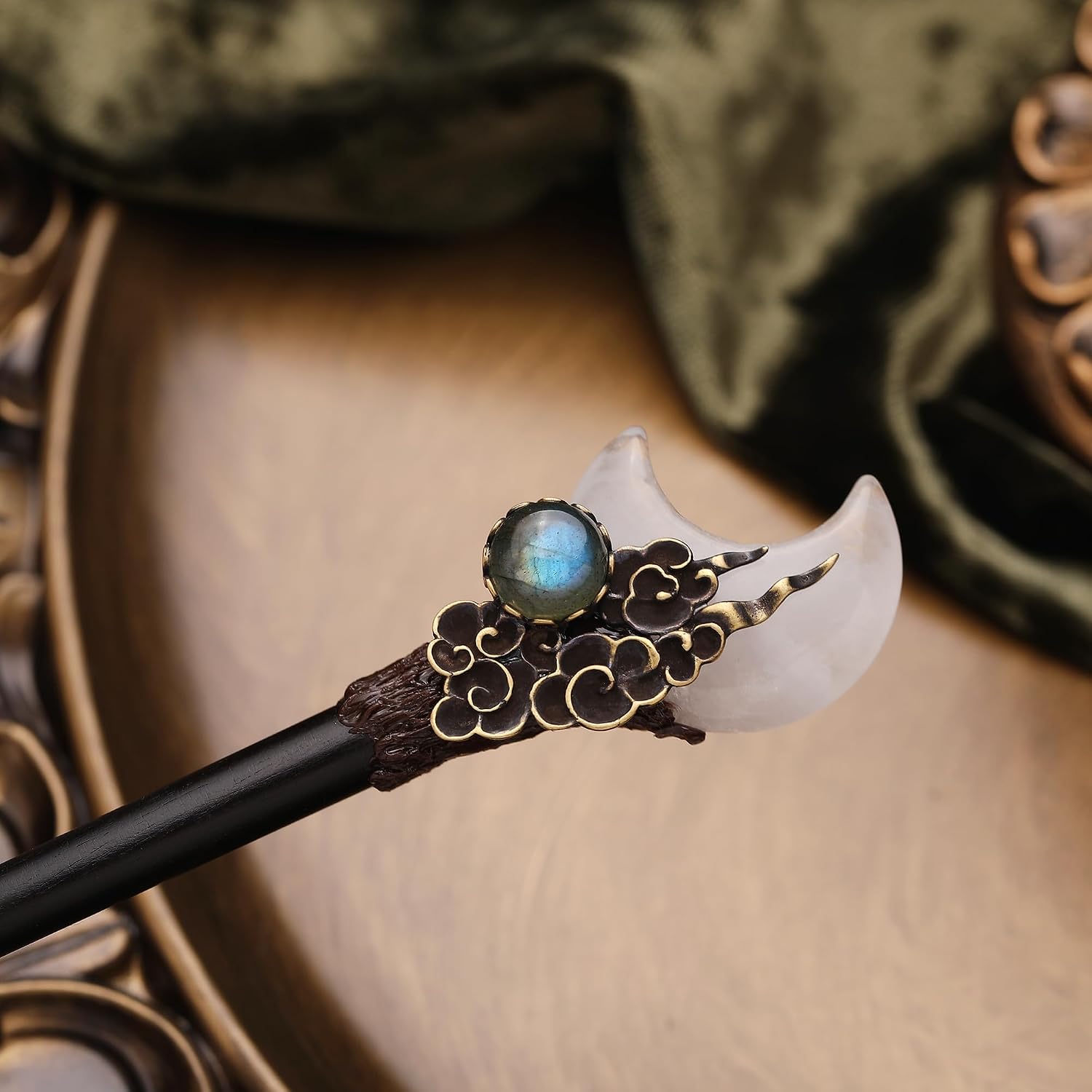 Wooden Moon Chopstick Hairpin Crystal Amethyst Labradorite Handcraft Gift for Her… (Clear Quartz)