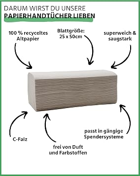 œcolife Hand Towels Natural C-Fold 1-Ply 2400 Sheets 25 x 50 cm Grey saugstarke graue Falthandtücher aus Recyclingpapier für Handtuchspender geeignet Papierhandtücher Einmalhandtücher soft