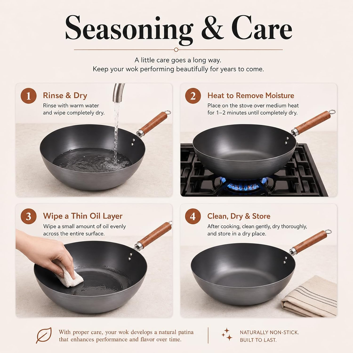 10.2-Inch Carbon Steel Wok Frying Pan with Lid, Flat Bottom