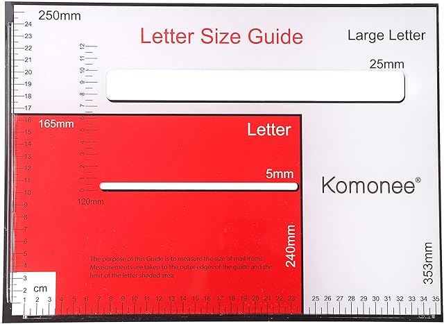 Komonee Postage Size Guide Small and Large Letters Parcels Mail Sorter Postal Office Box Price Checker for Post Height and Width PPI Template Ruler Tool