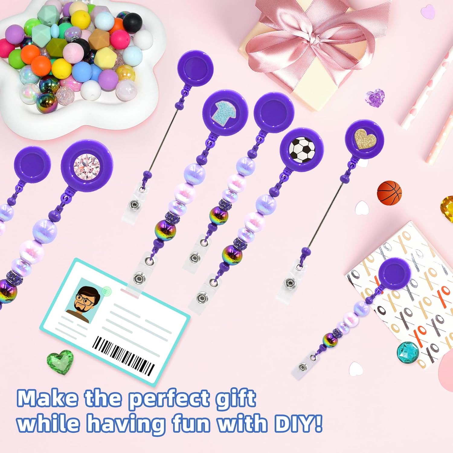 50pcs Beadable Badge Reels Making Kits - Beaded Blank Bars Bulk - Retractable Badge Reel with Belt Clip for ID Name DIY Gift Beadable Items for Nurses,Teachers, Students, Office, Workers (Purple)