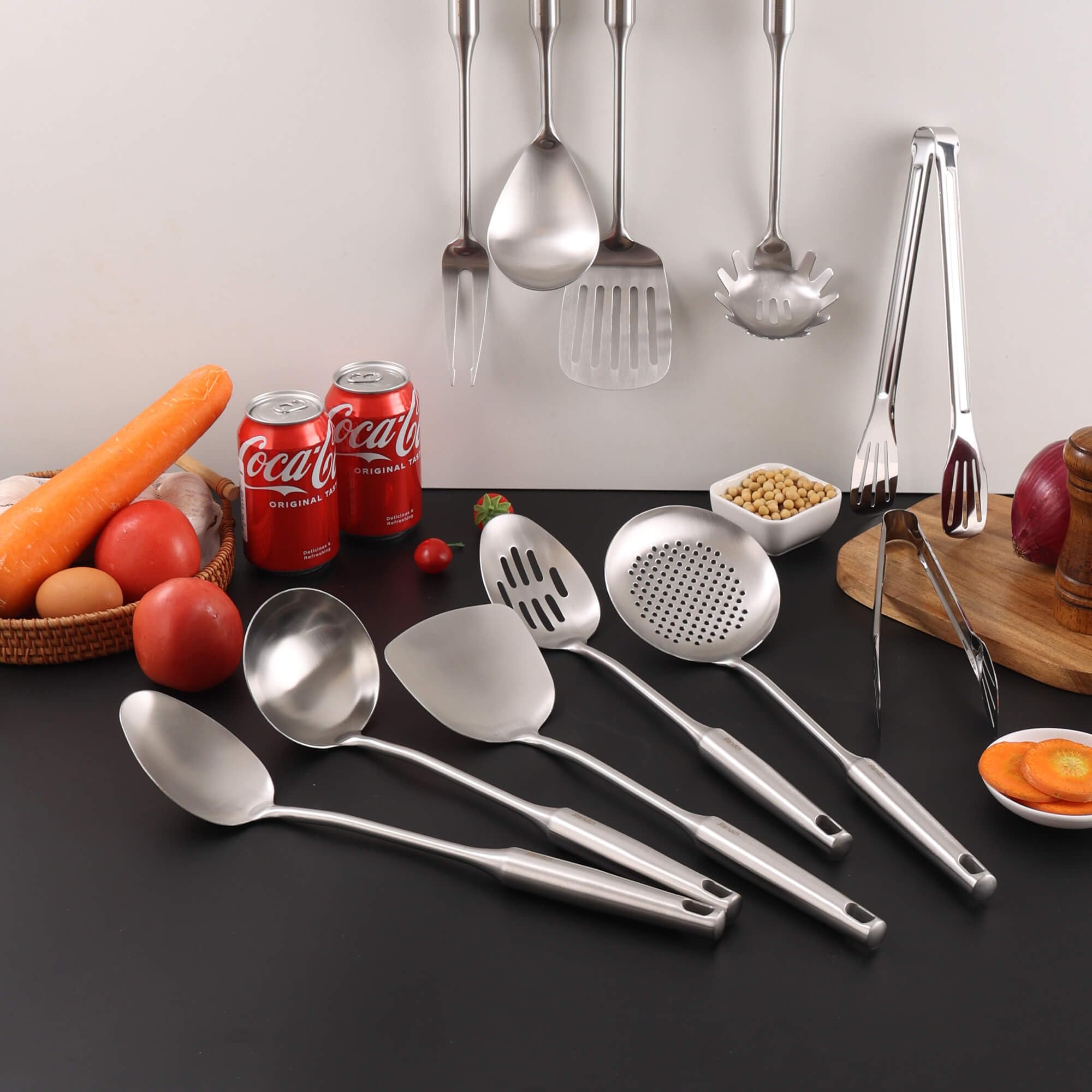 Standcn Küchenutensilien-Set aus 304 Edelstahl, 9-teiliges Metall-Kochwerkzeug-Set mit Fleischgabel, massivem Löffel, Schlitzlöffel, Spatel, Schöpflöffel, Schaumlöffel, Spaghettiheber, großer Löffel