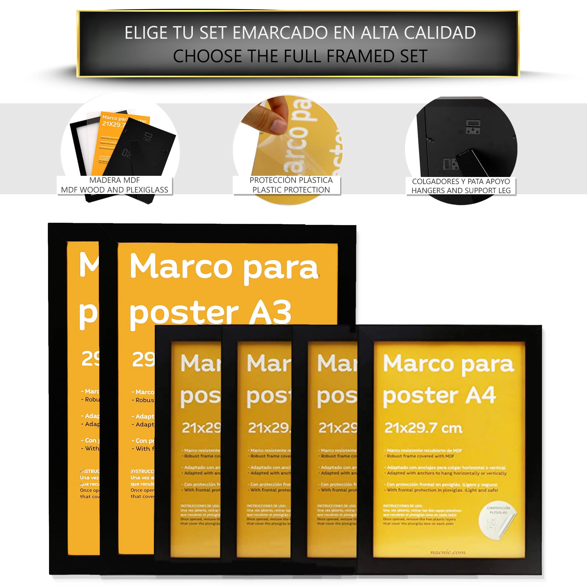 Nacnic Set de 6 Iconic Basketball KIng James Jordan Nike Cuadros con ilustración de diseño para decorar las paredes del hogar. Habitación, oficina, tienda. A3 y A4. Marco negro