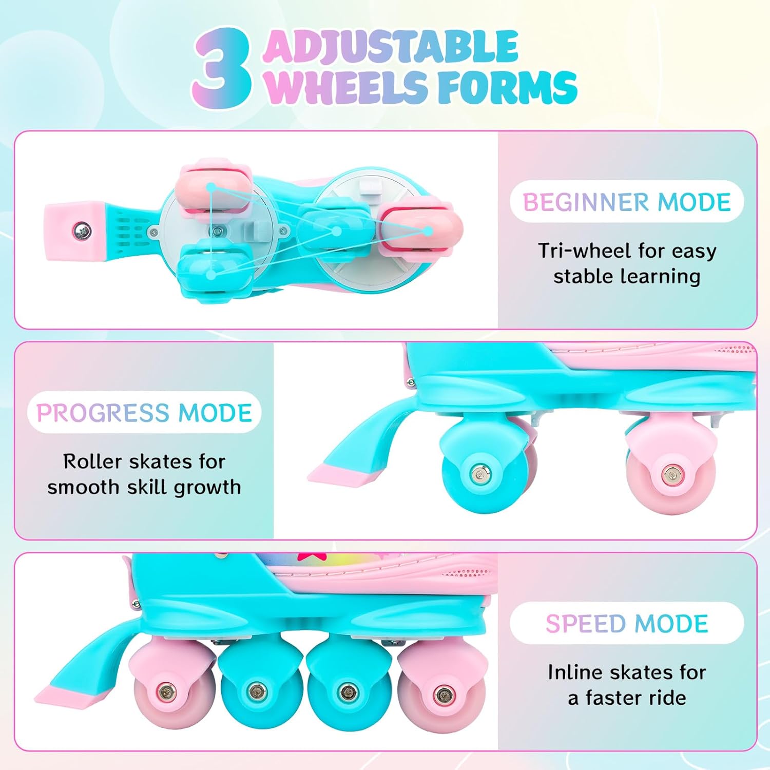 Kids Roller Skates for Girls Kids with Light Up Wheels, Adjustable 4 Sizes (10C-7.5Y), Star Design, Triple Safety System, Ideal Gift for Ages 3-12