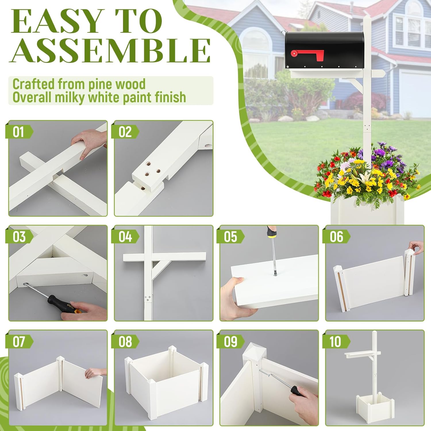55 Inch/4.58 ft H Wooden Mailbox Post with Planter Box for Outside Decorative Post Flower Box(Not Included Mailbox)(White)