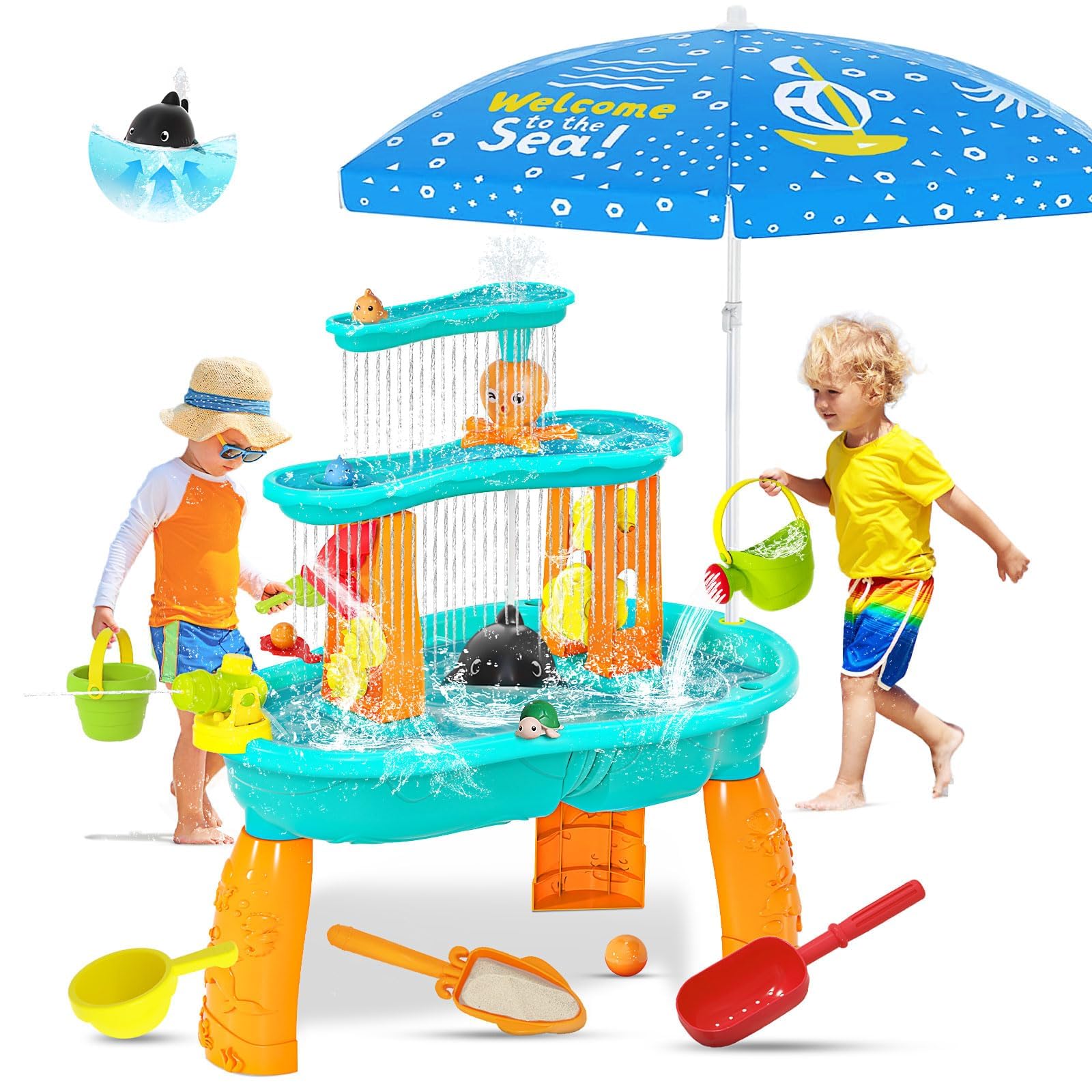 Upgraded Sand Water Table for Toddlers, Auto Water-Absorbing 3-Tier Outdoor Activity Table with Umbrella & 20PCS Water Toy Accessories, Outside Water Play Toys Sensory Table for Kids Summer Toy Gift