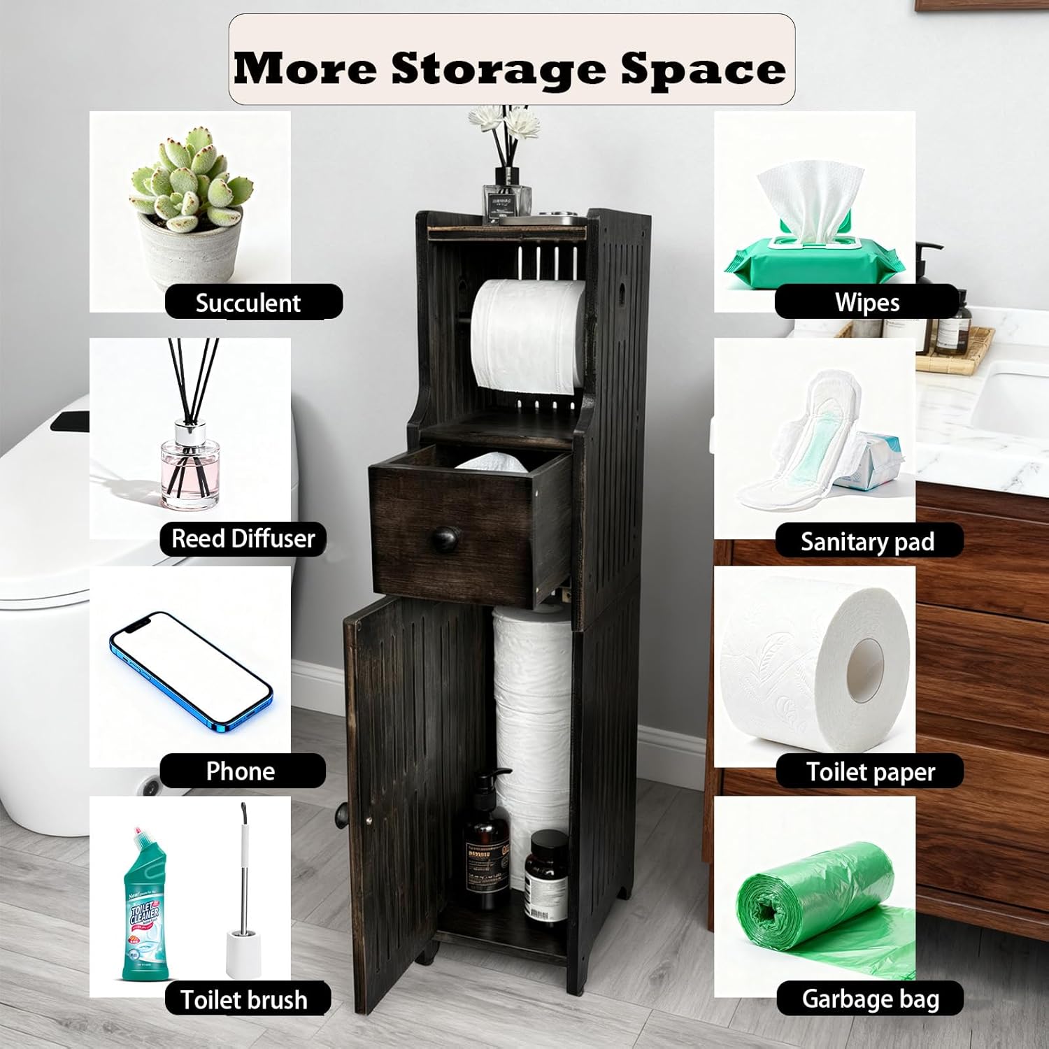 Bamboo FreeStanding Toilet Paper Holder with Storage Drawer & Shelf, Slim Cabinet for Small Spaces/Bathroom, Wipes Storage (Vintage Black)