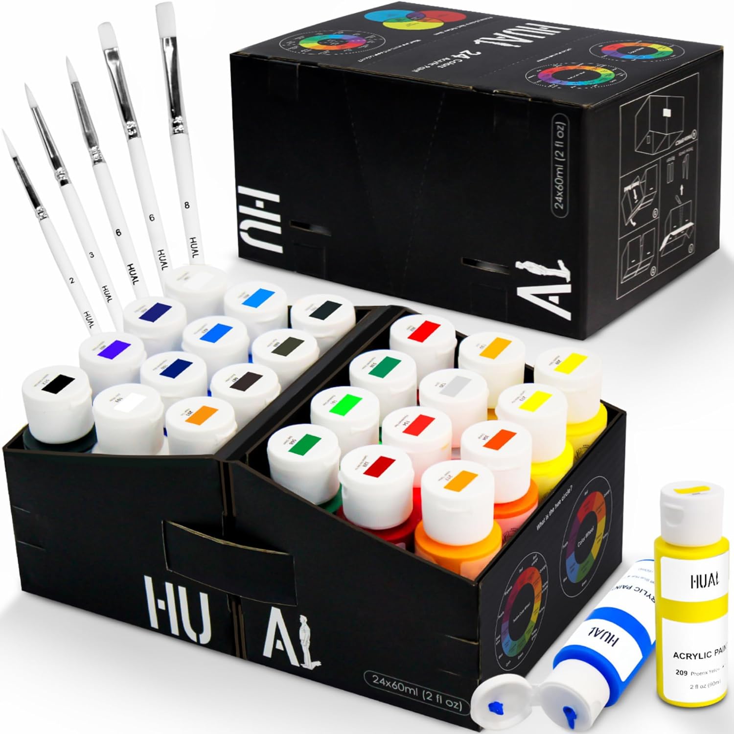 HUAL Acrylic Paint Set With 5 Brushes, 24 Colors (60ml, 2oz) for Artists Kids Beginners & Painters,Model/Canvas/Rock/Fabric/Glass/Stone/Ceramic/Wood Painting, Non Toxic