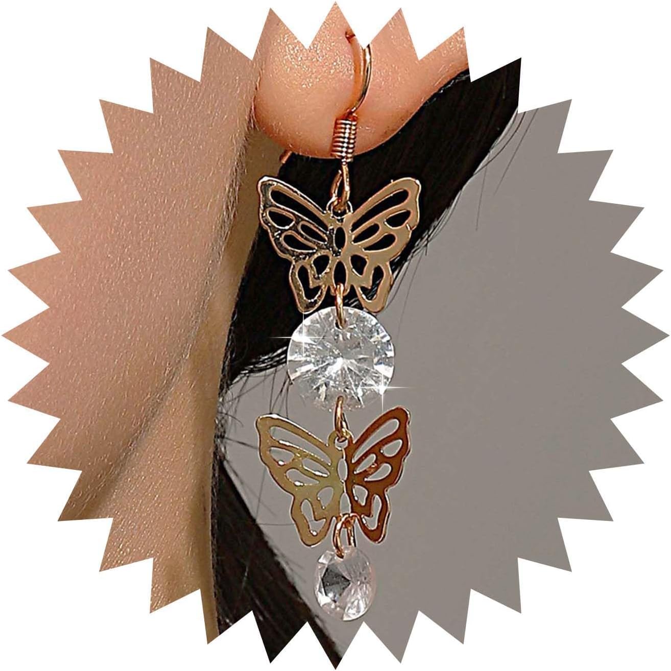 Vintage Crystal Butterfly Dangle Earrings Linear Butterfly Drop Earrings Clear Rhinestone Earrings Gold Long Tassel Chain Earrings Jewelry for Women (Gold)