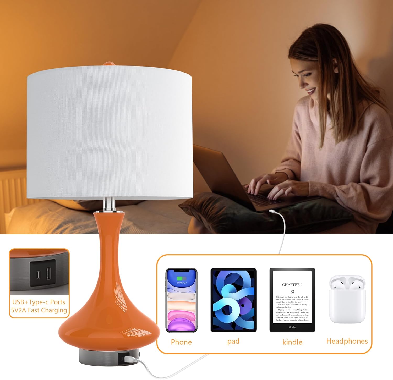 Maxax 24" Modern Orange Table Lamp for Living Room, Traditional Ceramic Bedside Lamp with USB C+A Ports, Classic Nightstand Lamp with White Shade for Bedroom, Office