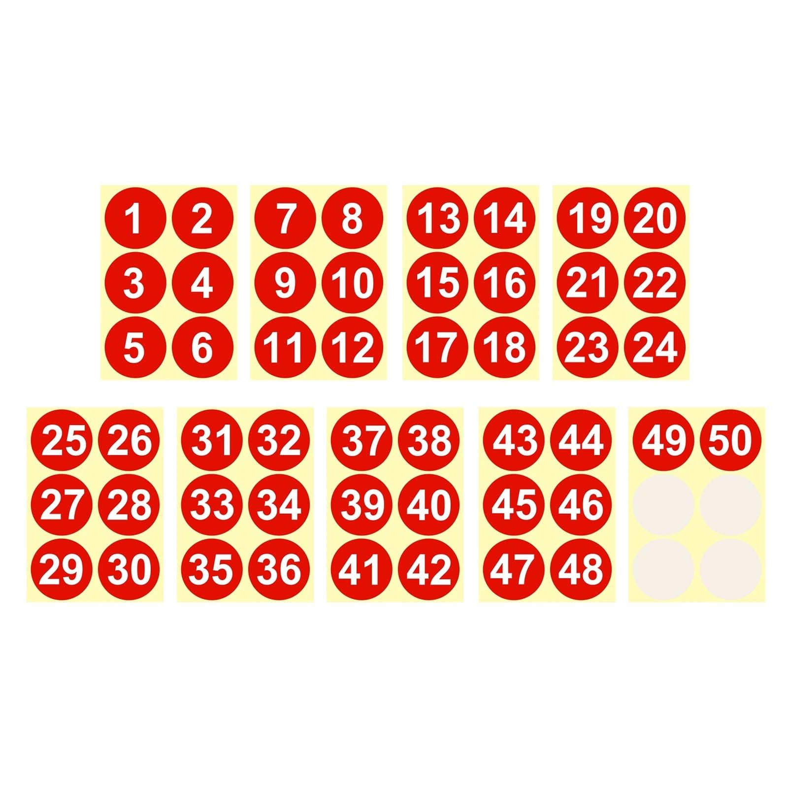 Universal-Aufkleber 1 bis 50 Nummernaufkleber, fortlaufende Aufkleber, rundes Etikett, selbstklebender, punktförmiger farbiger zur Bestandsklassifizierung(100mm Red)