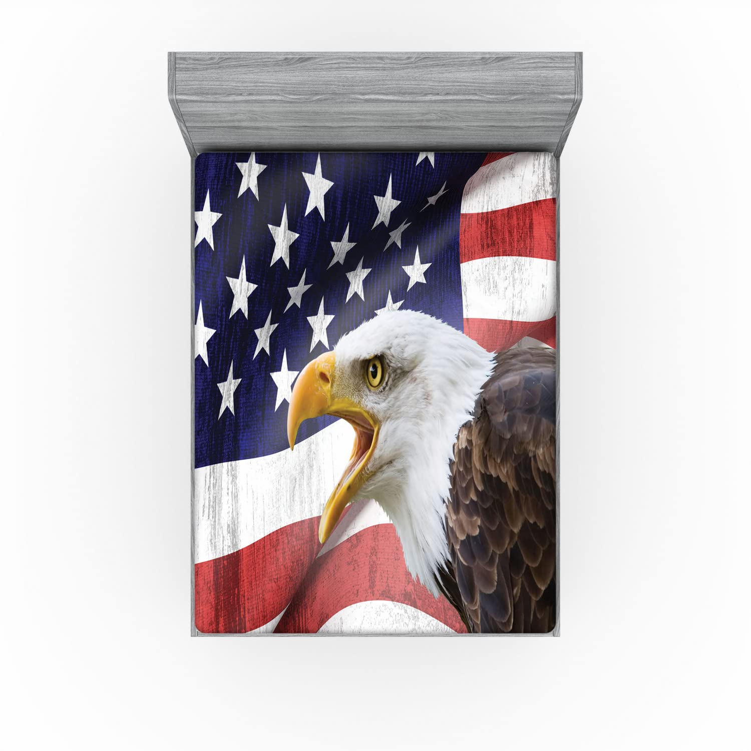 Ambesonne American Flag 2 Pack Fitted Sheet, Bald Eagle, Bed Cover All-Round Elastic Deep Pockets 2 Pieces, Package Contains 2 King Size Fitted Sheets, Vermilion Blue