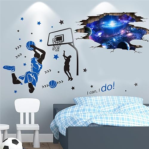 Miniatura 3 de OCXEQJX Calcomanías 3D para pared, diseño de la Vía Láctea, color azul, galaxia, jugador, baloncesto, estrella, removible, inspirador, arte de