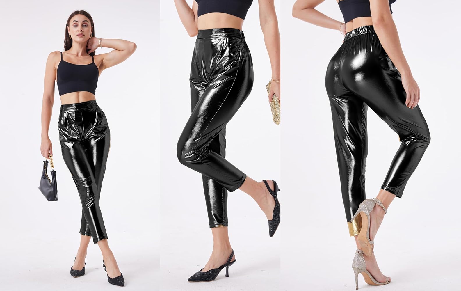 heipeiwa Women's Shiny Metallic Cropped Pants Party Club Disco